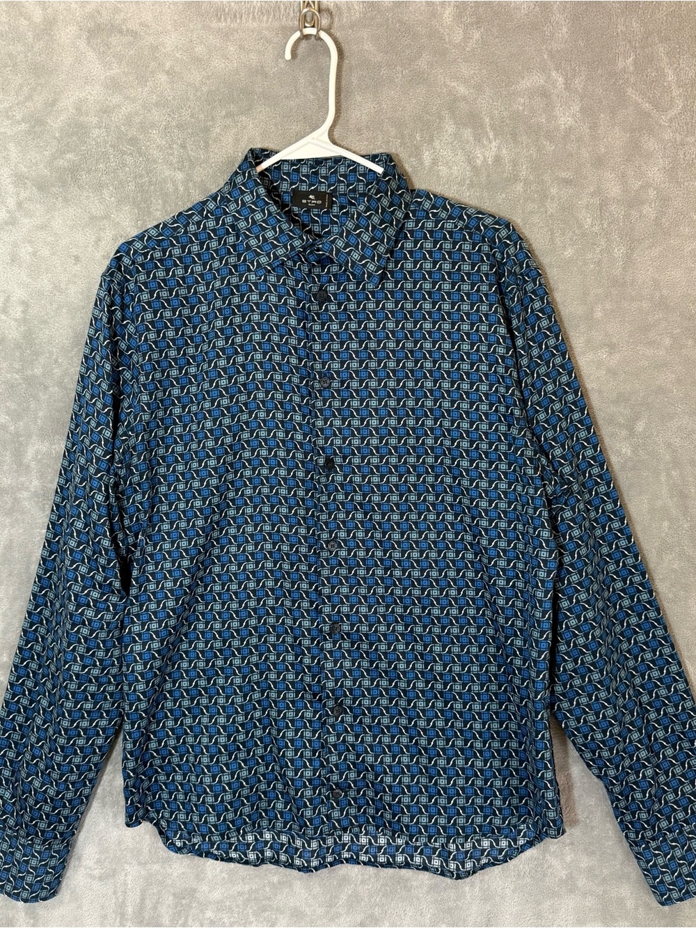 Etro Milano Dress Shirt Men 41 Blue Geometric Print Italy Button Front Long Slv